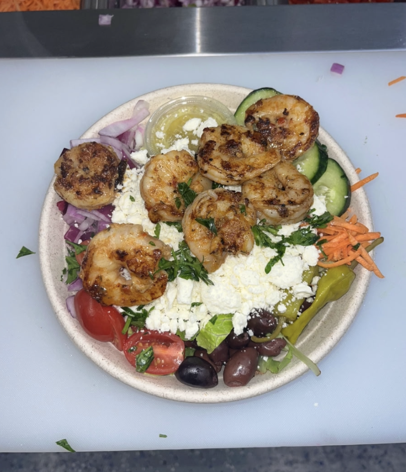 Fresh Shrimp Greek Salad at Sunset Grill OKI in Oak Island