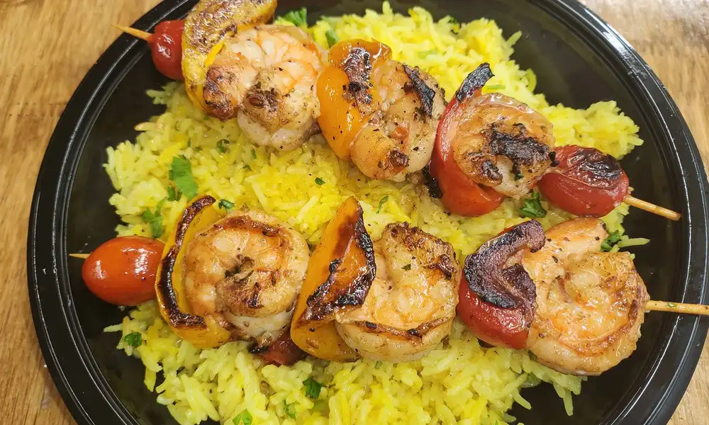 Fresh Shrimp Kebabs at Sunset Grill OKI Mediterranean restaurant